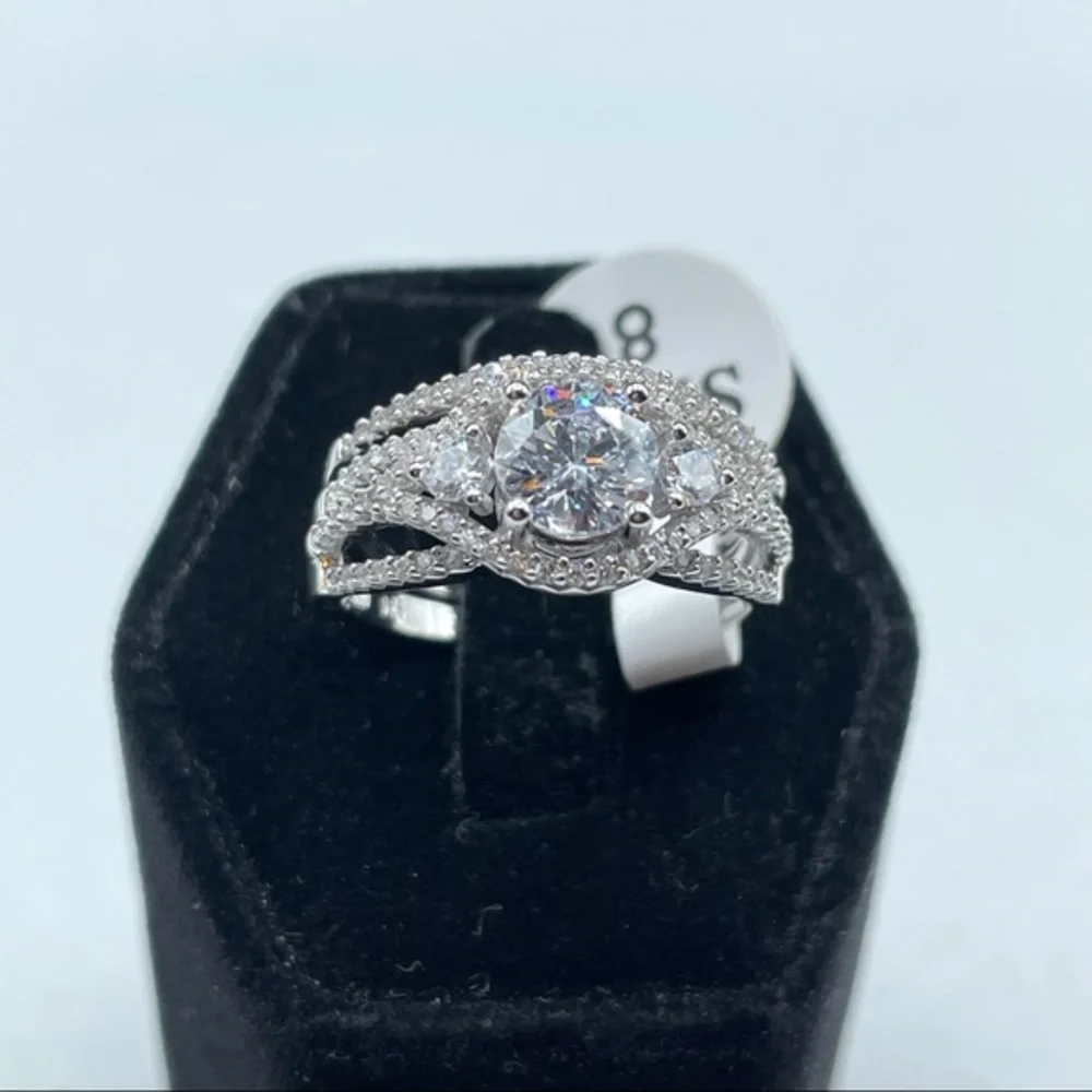New 925 Sterling Silver CZ Diamond Bridal Wedding Ring Set Halo 2 Band